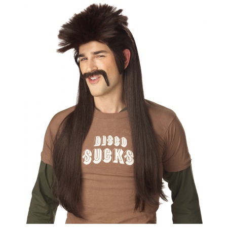 Dark Brown Mississippi Mud Flap Wig &amp; Moustache Costume Accessory Redneck Trailer Trash Hillbilly 1980&#039;s image